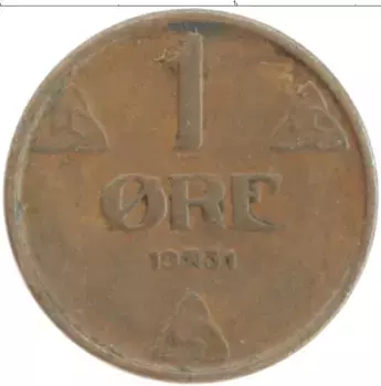 Монета эре Норвегии 1931 года Бронза Хокон VII