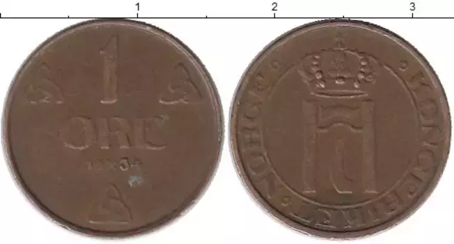 Монета эре Норвегии 1934 года Бронза Хокон VII