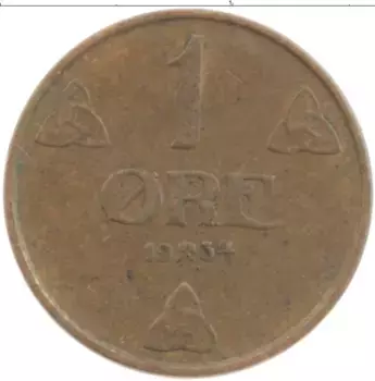 Монета эре Норвегии 1934 года Бронза Хокон VII