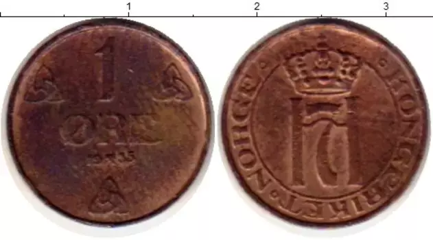 Монета эре Норвегии 1935 года Бронза Хокон VII