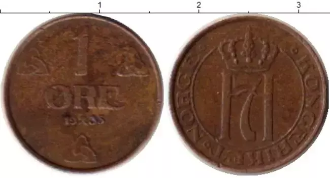 Монета эре Норвегии 1935 года Бронза Хокон VII