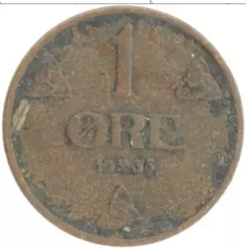 Монета эре Норвегии 1935 года Бронза Хокон VII