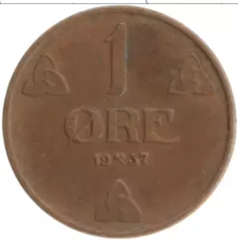Монета эре Норвегии 1937 года Бронза Хаакон VII