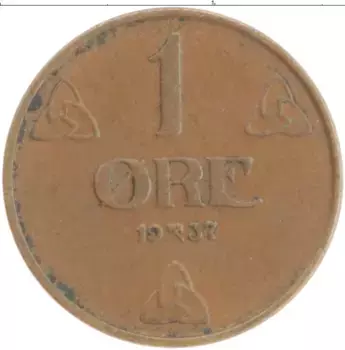 Монета эре Норвегии 1937 года Бронза Хакон VII
