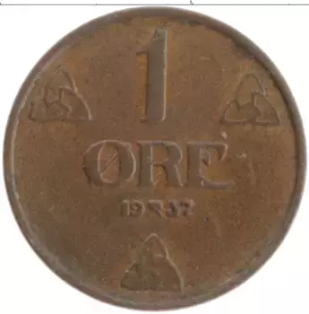 Монета эре Норвегии 1937 года Бронза Хокон VII