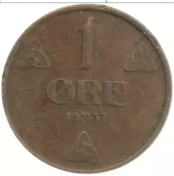 Монета эре Норвегии 1937 года Бронза Хокон VII