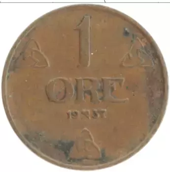 Монета эре Норвегии 1937 года Бронза Хокон VII