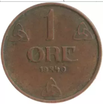 Монета эре Норвегии 1940 года Бронза Хаакон VII