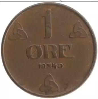 Монета эре Норвегии 1940 года Бронза Хокон VII