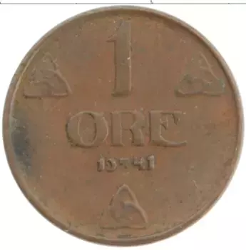 Монета эре Норвегии 1941 года Бронза Хокон VII