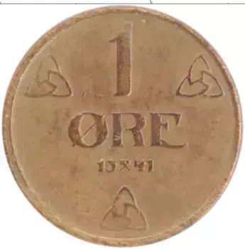 Монета эре Норвегии 1941 года Бронза Хокон VII