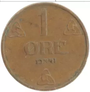 Монета эре Норвегии 1941 года Бронза Хокон VII