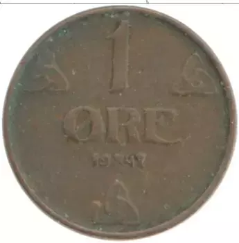 Монета эре Норвегии 1947 года Бронза Хокон VII