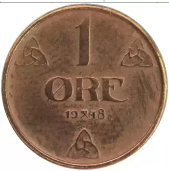Монета эре Норвегии 1948 года Бронза Хокон VII