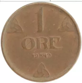 Монета эре Норвегии 1949 года Бронза Хокон VII