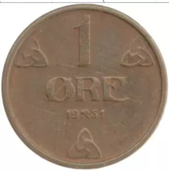 Монета эре Норвегии 1951 года Бронза Хокон VII