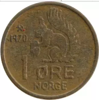 Монета эре Норвегии 1970 года Бронза Олаф V