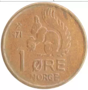 Монета эре Норвегии 1971 года Бронза Улаф V
