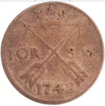 Монета эре Швеции 1742 года Медь Фредрик I