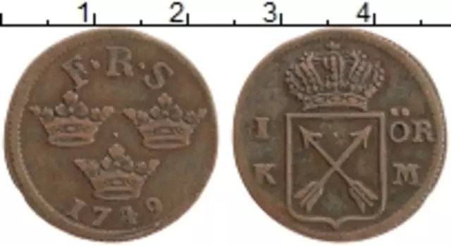 Монета эре Швеции 1749 года Медь