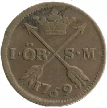 Монета эре Швеции 1759 года Медь Адольф Фридрих