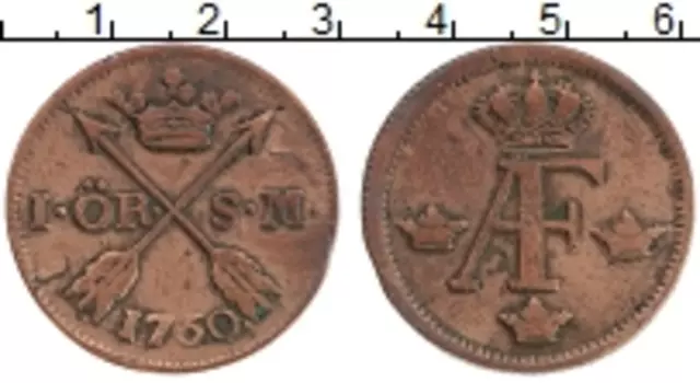 Монета эре Швеции 1760 года Медь Адольф Фредрик