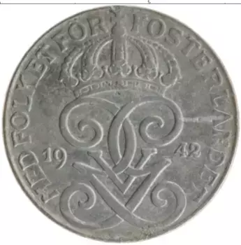 Монета эре Швеции 1942 года Железо Густав V
