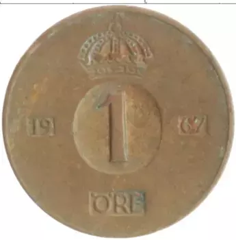 Монета эре Швеции 1967 года Бронза Густав VI Адольф