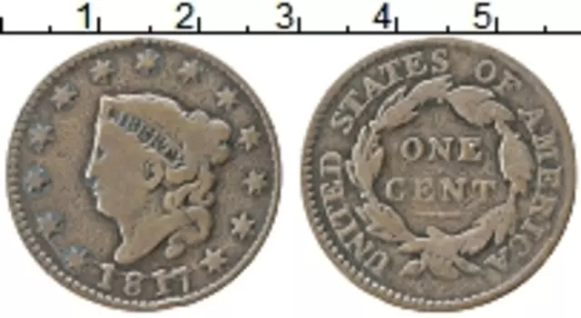 Монета цент Америки 1817 года Медь 13 звезд