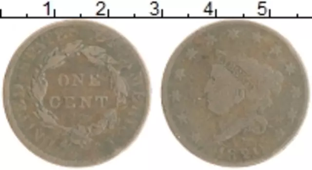Монета цент Америки 1820 года Медь