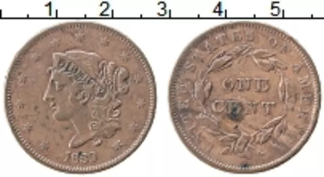 Монета цент Америки 1839 года Медь