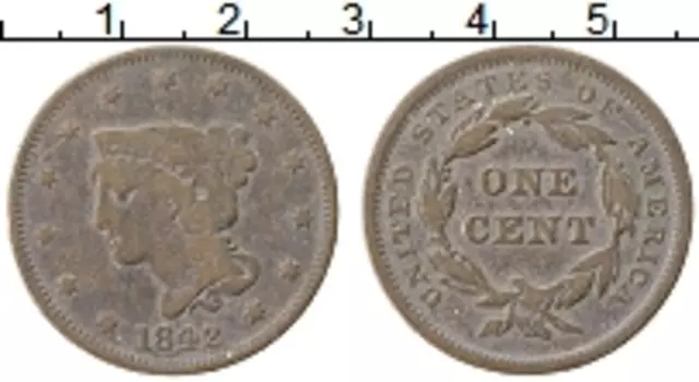 Монета цент Америки 1842 года Медь