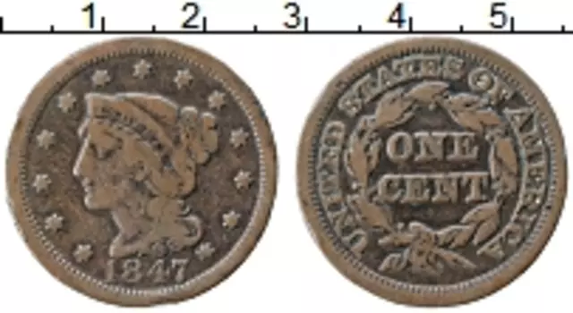 Монета цент Америки 1847 года Медь