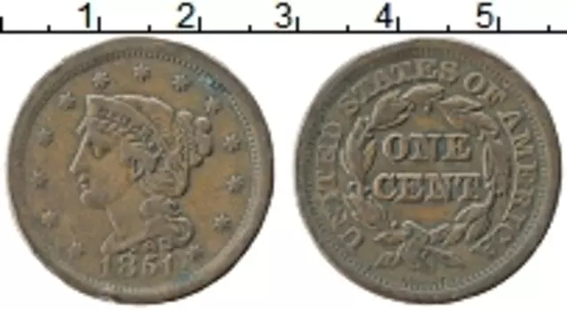 Монета цент Америки 1851 года Медь