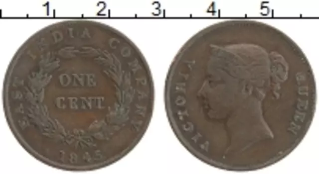 Монета цент Британской Индии 1845 года Медь Виктория