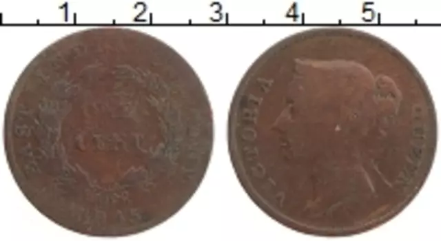 Монета цент Британской Индии 1845 года Медь Виктория