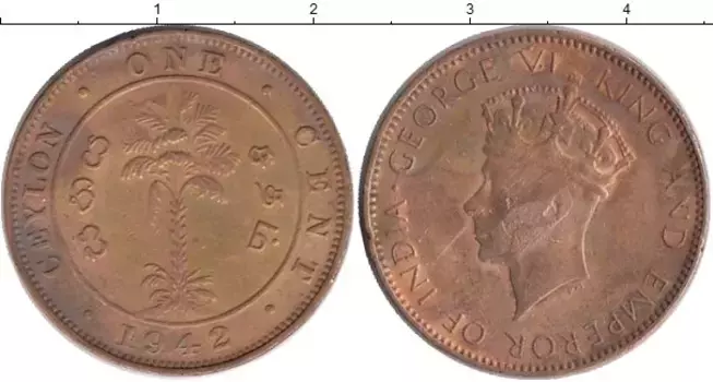 Монета цент Цейлона 1942 года Бронза Георг VI