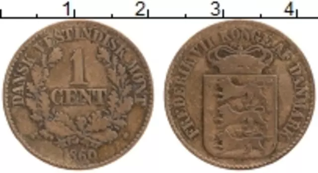 Монета цент Датской Вест-Индии 1860 года Медь Фредерик VII