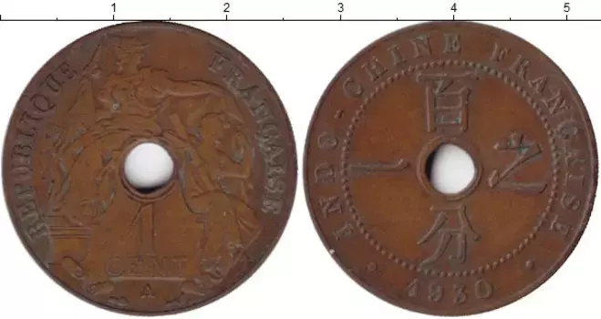 Монета цент Индокитая 1930 года Медь