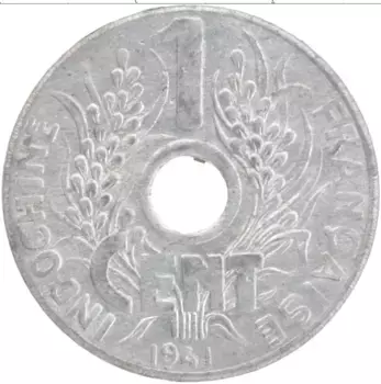 Монета цент Индокитая 1941 года Цинк Протекторат Франции