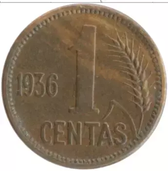 Монета цент Литвы 1936 года Бронза