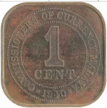 Монета цент Малайи 1940 года Бронза Георг VI