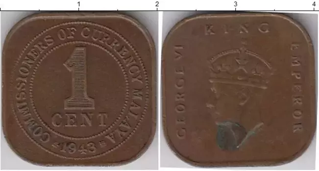 Монета цент Малайи 1943 года Бронза Георг VI