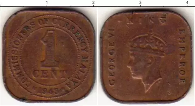 Монета цент Малайи 1943 года Бронза Георг VI