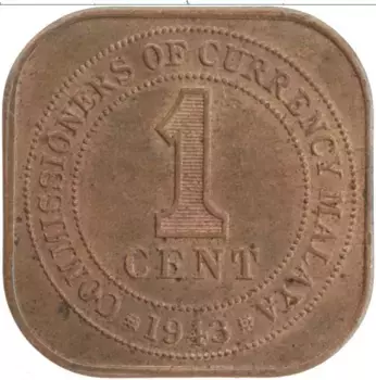Монета цент Малайи 1943 года Бронза Георг VI
