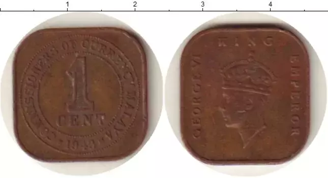 Монета цент Малайи 1943 года Медь Георг VI
