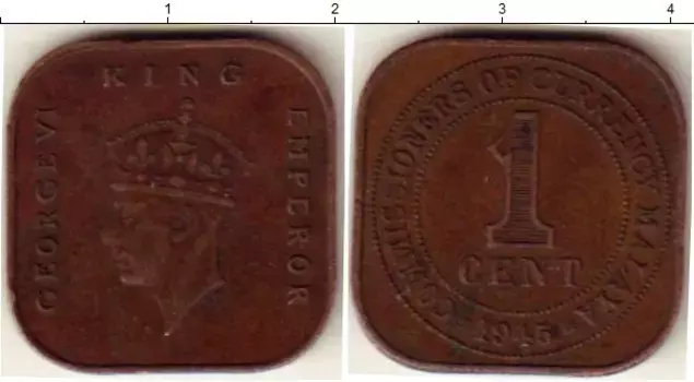 Монета цент Малайи 1945 года Бронза Георг VI
