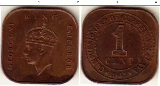 Монета цент Малайи 1945 года Бронза Георг VI