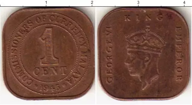 Монета цент Малайи 1945 года Бронза Георг VI