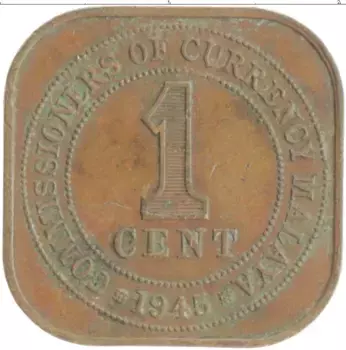 Монета цент Малайи 1945 года Бронза Георг VI